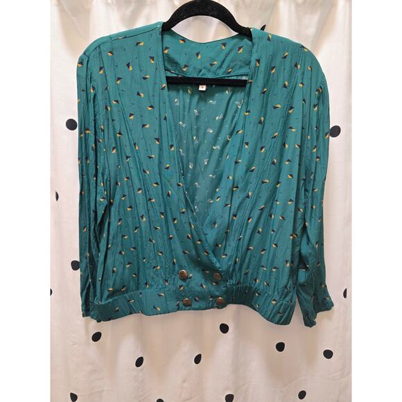 Vintage Tobria green abstract print long sleeve deep v shirt with gold buttons - Picture 1 of 11